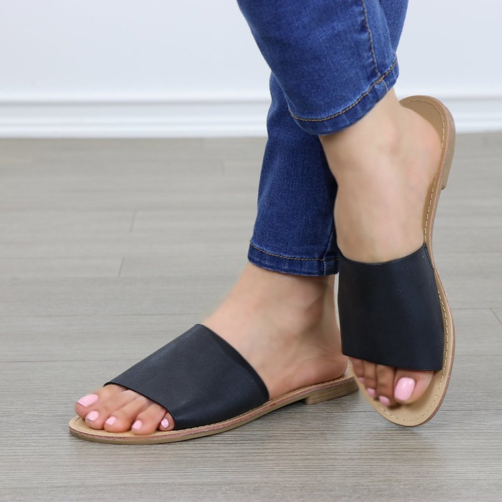 Faux Leather Slip On Slider Black Flat Sandals - Picture 5 of 8